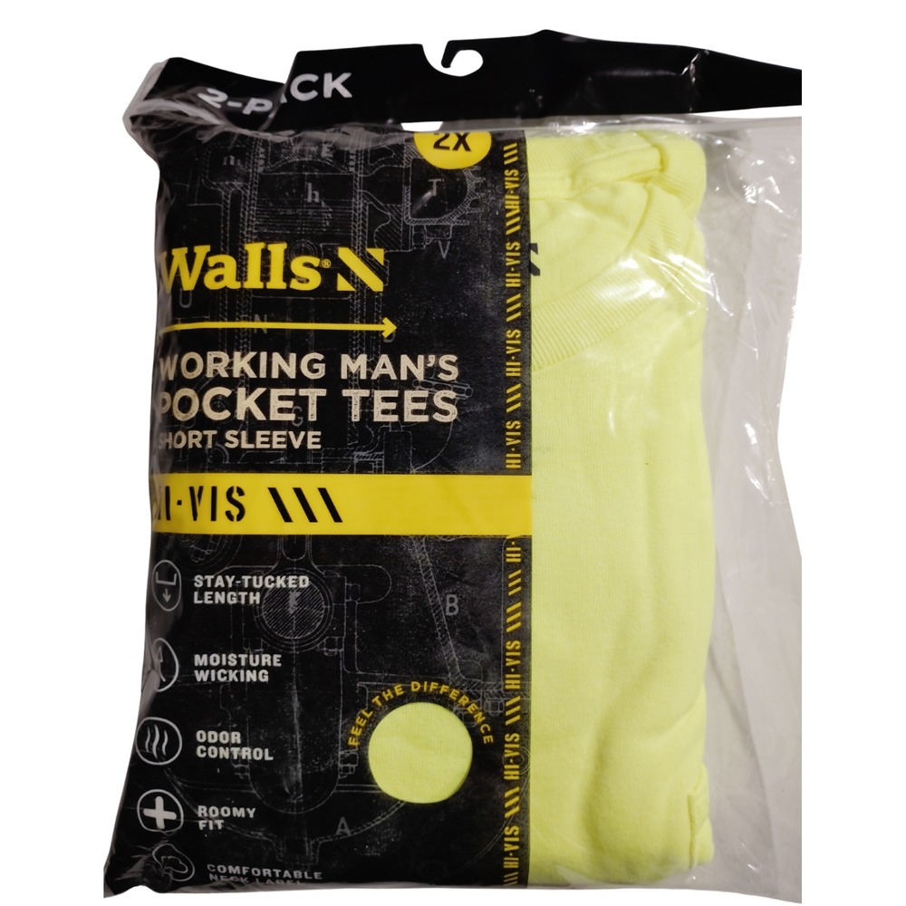 Walls N Working Man's Pocket Tees Short Sleeve Hi-Vis‎ Yellow 2-Pack 2XL New